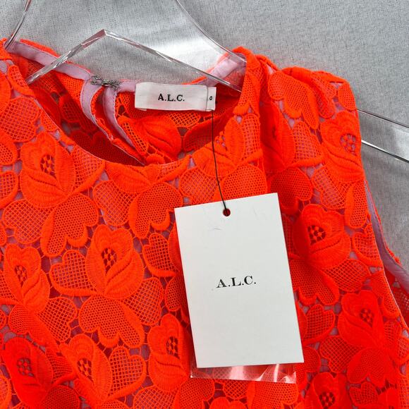 ALC Adriana Crop Top Women 0 Neon Orange Floral Lace Crew neck Scalloped Crochet - Picture 8 of 15